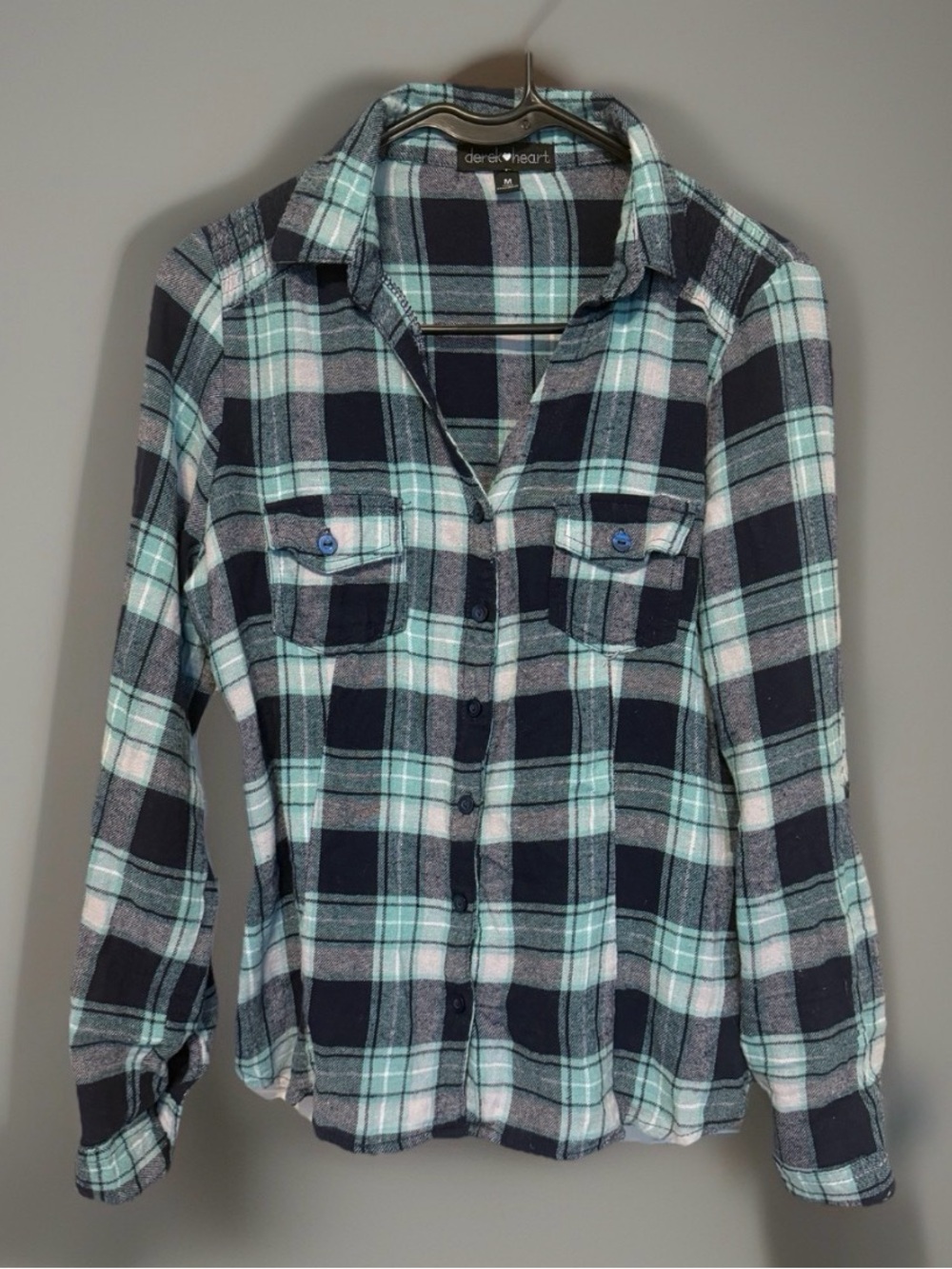 Derek Heart Plaid Button Front Flannel Shirt Peplum Back Long Sleeve Medium